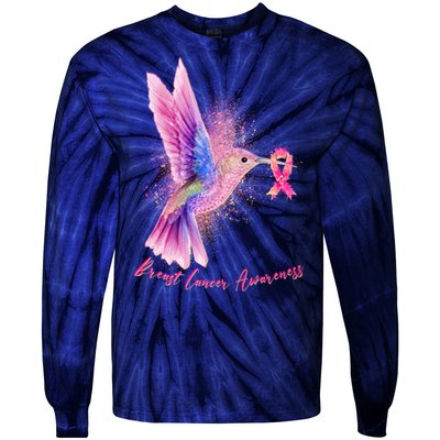 Breast Cancer Awareness Painted Hummingbird Tie-Dye Long Sleeve Shirt