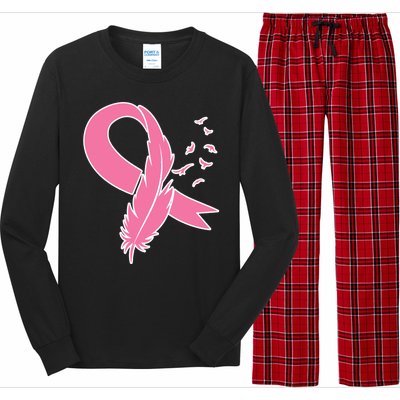 Breast Cancer Awareness Pink Feather Ribbon Long Sleeve Pajama Set