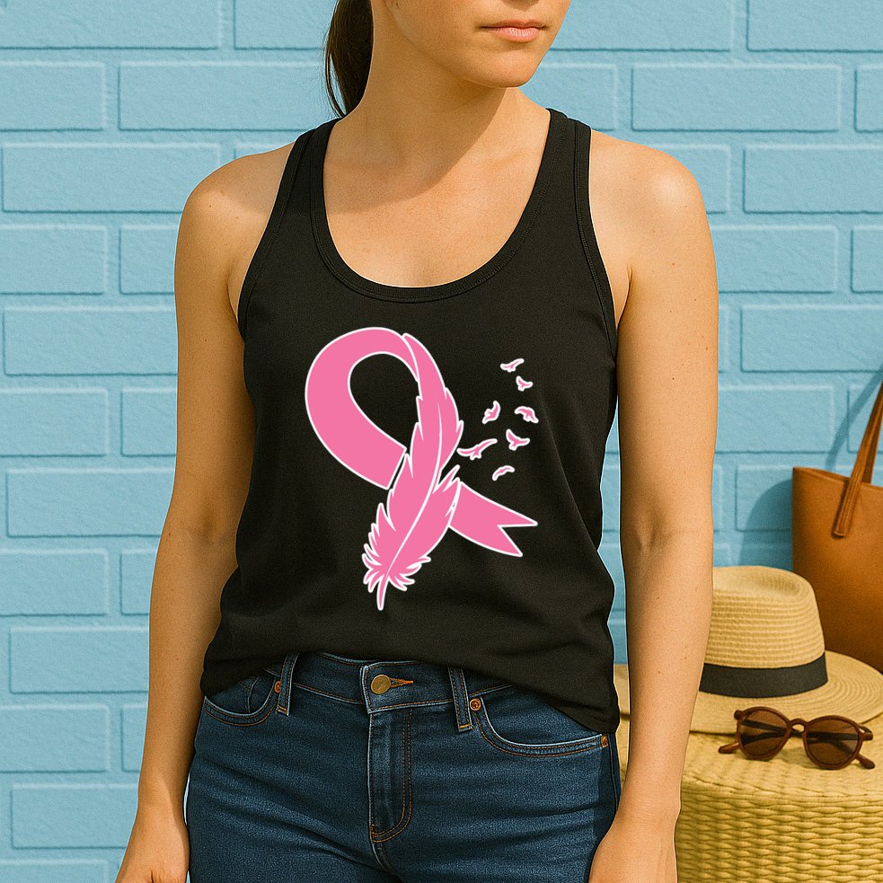 Breast Cancer Awareness Pink Feather Ribbon Womens Tank Top