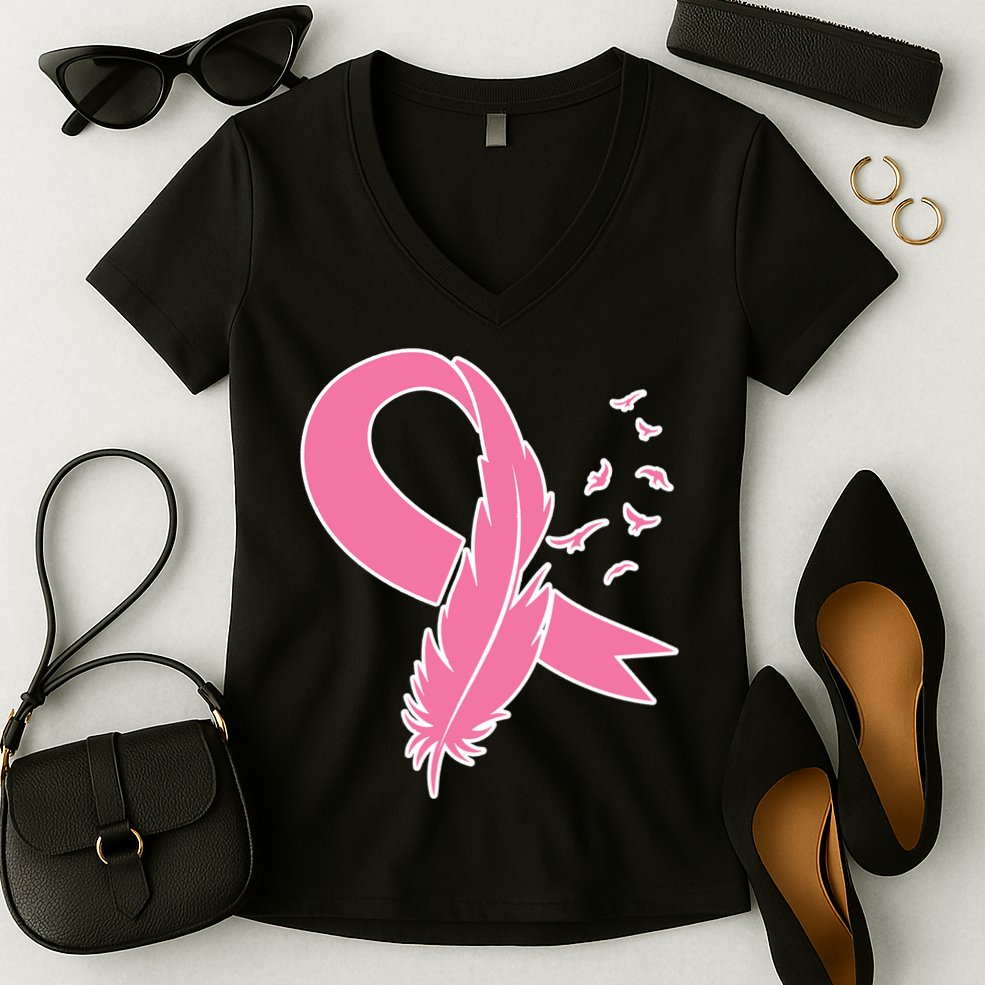 Breast Cancer Awareness Pink Feather Ribbon Women's V-Neck T-Shirt