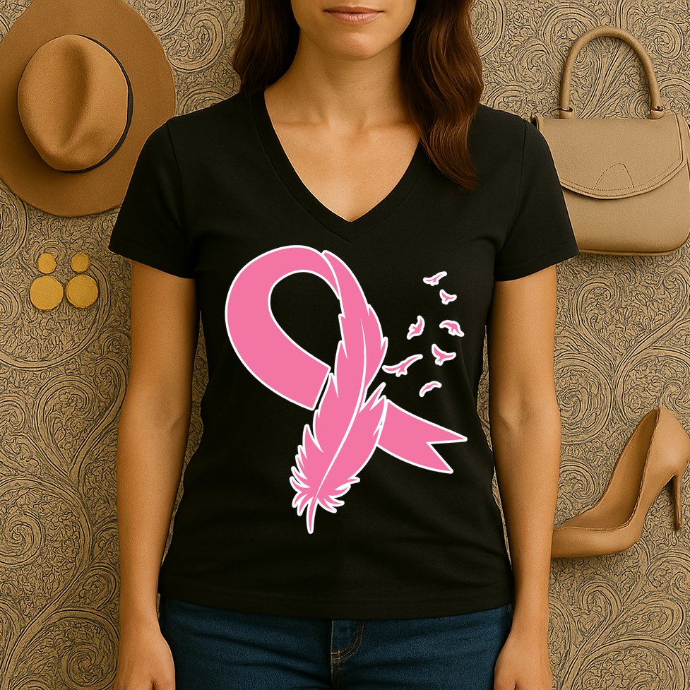 Breast Cancer Awareness Pink Feather Ribbon Women's V-Neck T-Shirt