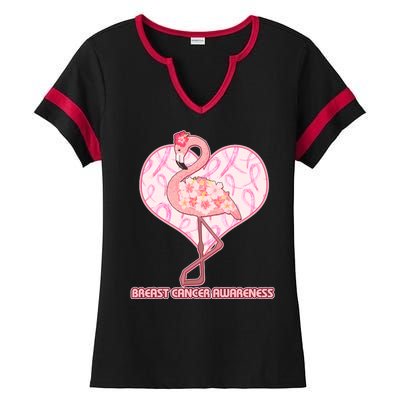 Breast Cancer Awareness Pink Flower Flamingo Ladies Halftime Notch Neck Tee