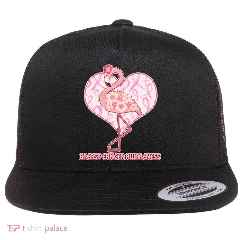 Breast Cancer Awareness Pink Flower Flamingo Flat Bill Trucker Hat
