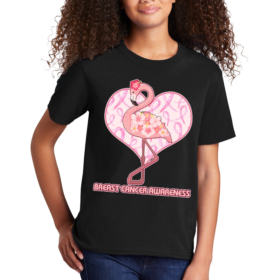 Breast Cancer Awareness Pink Flower Flamingo Kids T-Shirt