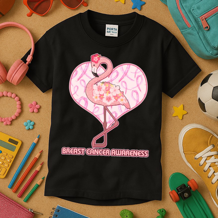 Breast Cancer Awareness Pink Flower Flamingo Kids T-Shirt