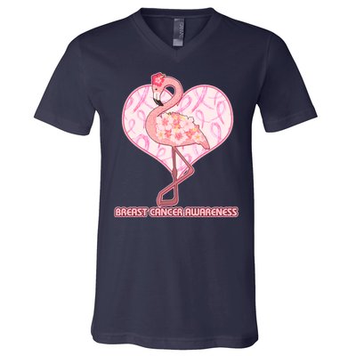 Breast Cancer Awareness Pink Flower Flamingo V-Neck T-Shirt