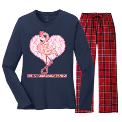 Breast Cancer Awareness Pink Flower Flamingo Women's Long Sleeve Flannel Pajama Set 