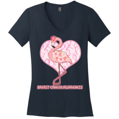 Breast Cancer Awareness Pink Flower Flamingo Women's V-Neck T-Shirt