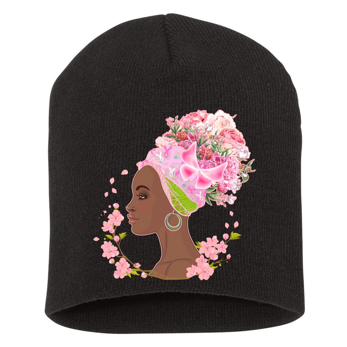 Breast Cancer Awareness Pink Flower Warrior Survivor Short Acrylic Beanie