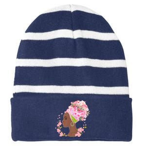 Breast Cancer Awareness Pink Flower Warrior Survivor Striped Beanie with Solid Band