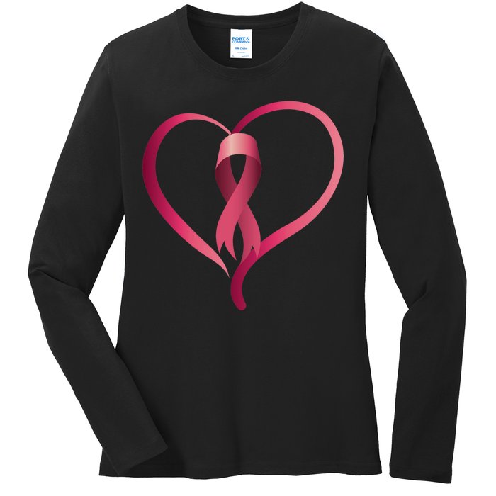 Breast Cancer Awareness Ribbon Heart Ladies Long Sleeve Shirt