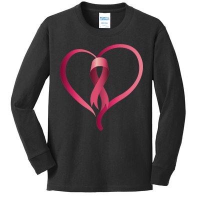 Breast Cancer Awareness Ribbon Heart Kids Long Sleeve Shirt