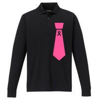 Breast Cancer Awareness Ribbon Tie Performance Long Sleeve Polo