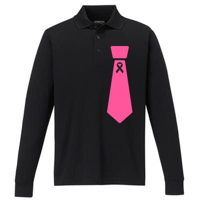 Breast Cancer Awareness Ribbon Tie Performance Long Sleeve Polo