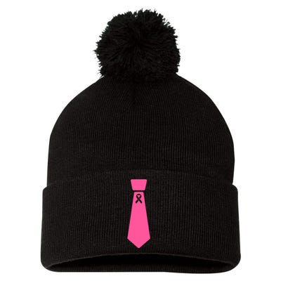 Breast Cancer Awareness Ribbon Tie Pom Pom 12in Knit Beanie