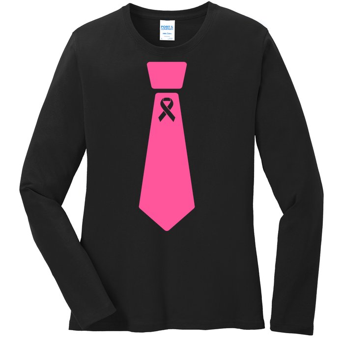 Breast Cancer Awareness Ribbon Tie Ladies Long Sleeve Shirt