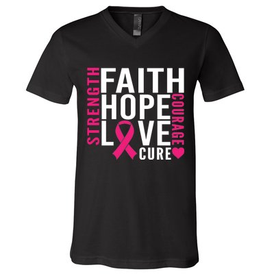 Breast Cancer Faith Hope Love Courage V-Neck T-Shirt