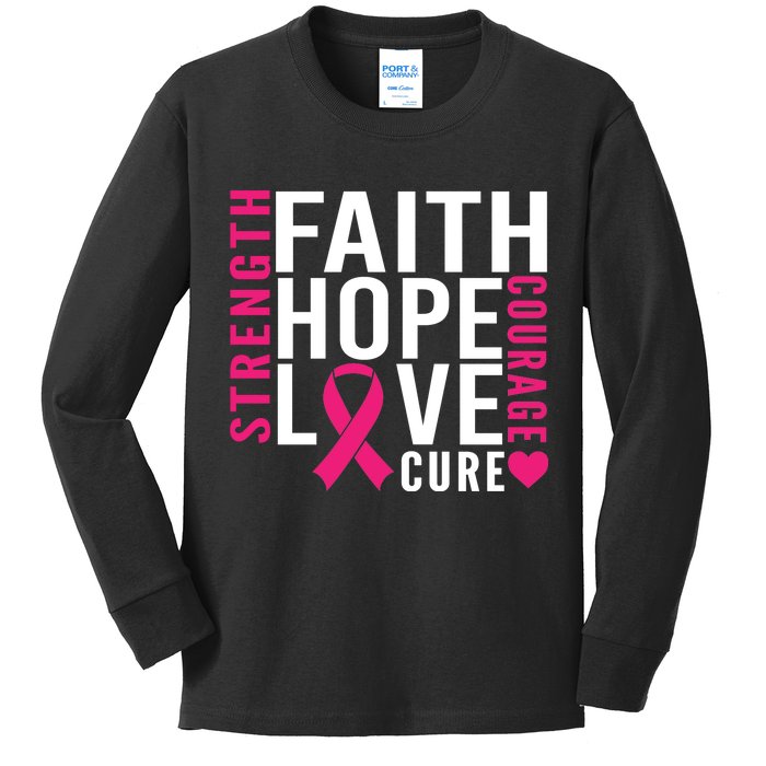 Breast Cancer Faith Hope Love Courage Kids Long Sleeve Shirt