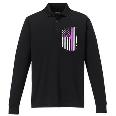 Breast Cancer Fight Ribbon Flag Performance Long Sleeve Polo