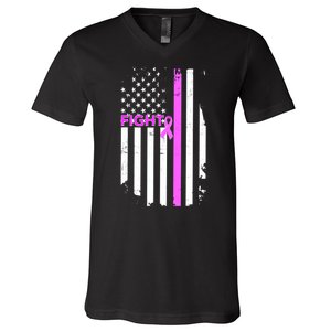 Breast Cancer Fight Ribbon Flag V-Neck T-Shirt