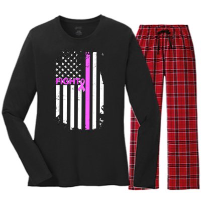 Breast Cancer Fight Ribbon Flag Women's Long Sleeve Flannel Pajama Set 