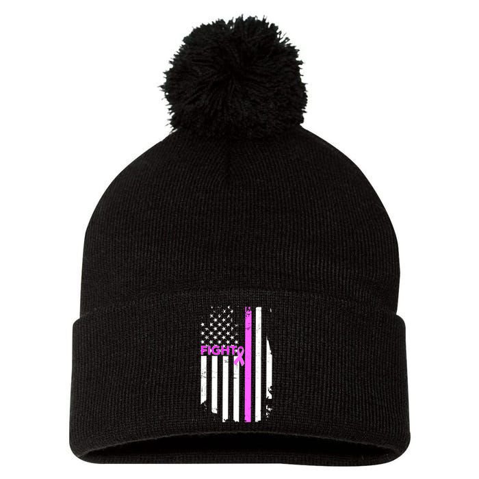 Breast Cancer Fight Ribbon Flag Pom Pom 12in Knit Beanie