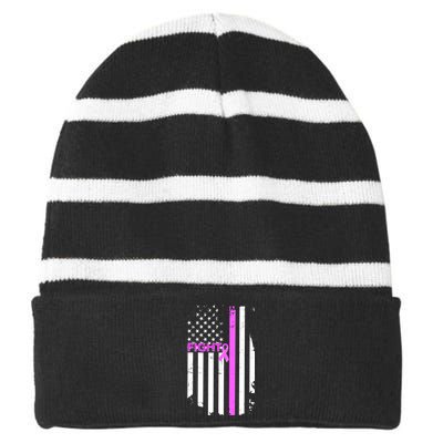 Breast Cancer Fight Ribbon Flag Striped Beanie with Solid Band