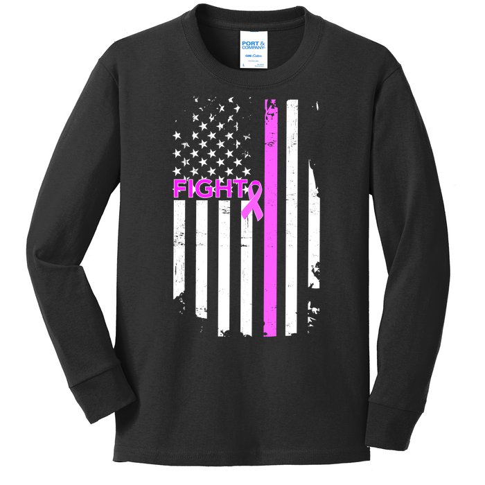 Breast Cancer Fight Ribbon Flag Kids Long Sleeve Shirt