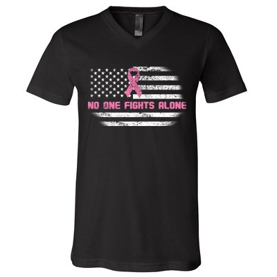 Breast Cancer Flag No One Fights Alone V-Neck T-Shirt