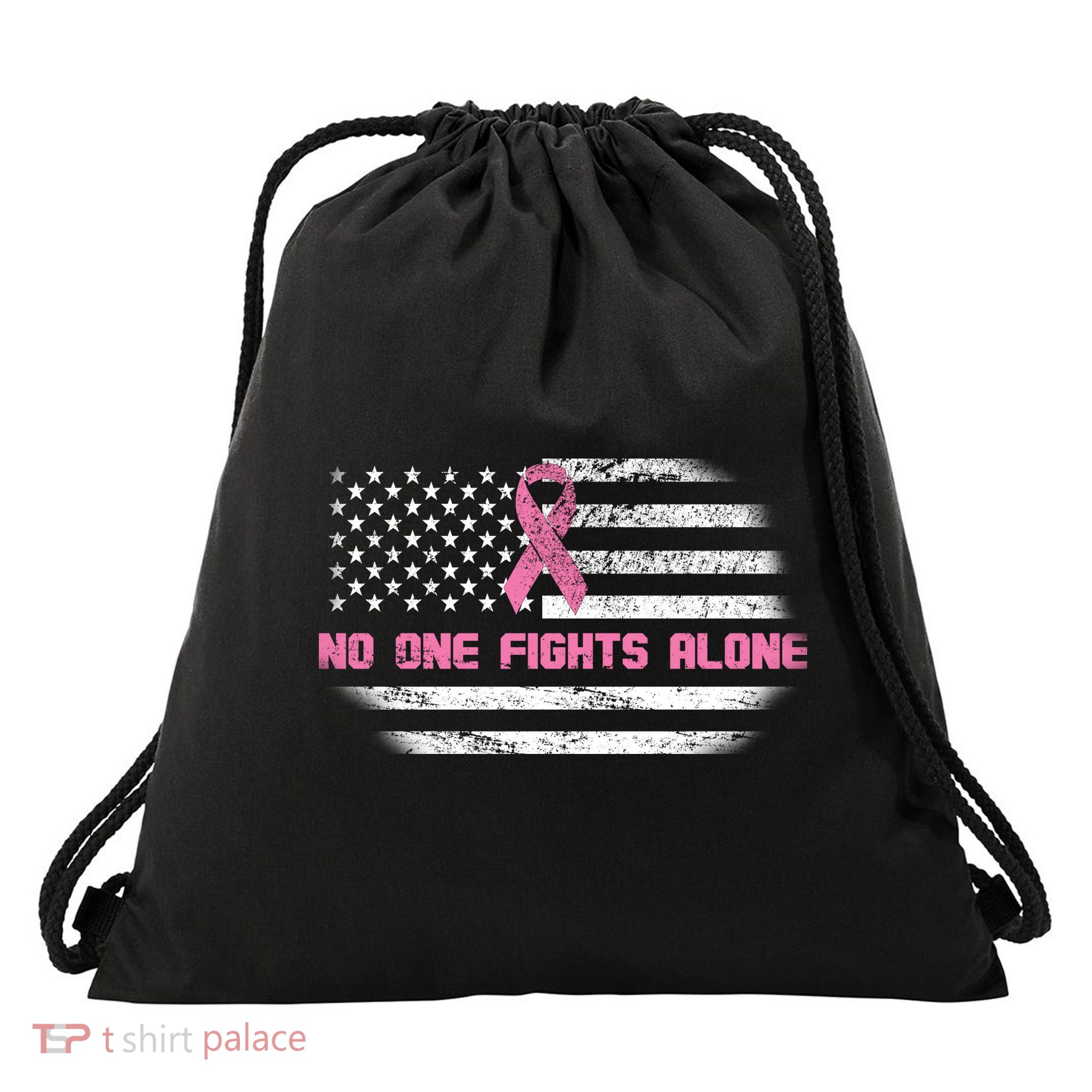 Breast Cancer Flag No One Fights Alone Drawstring Bag