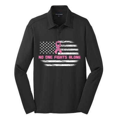 Breast Cancer Flag No One Fights Alone Silk Touch Performance Long Sleeve Polo