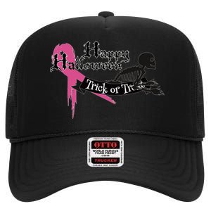 Breast Cancer Happy Halloween Skeleton High Crown Mesh Back Trucker Hat