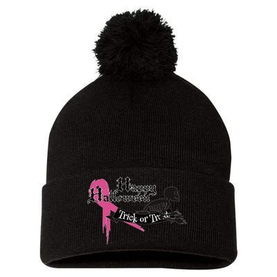 Breast Cancer Happy Halloween Skeleton Pom Pom 12in Knit Beanie