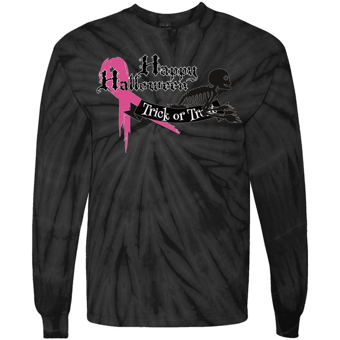 Breast Cancer Happy Halloween Skeleton Tie-Dye Long Sleeve Shirt