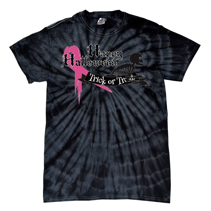 Breast Cancer Happy Halloween Skeleton Tie-Dye T-Shirt