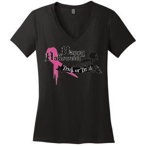 Breast Cancer Happy Halloween Skeleton Women's V-Neck T-Shirt