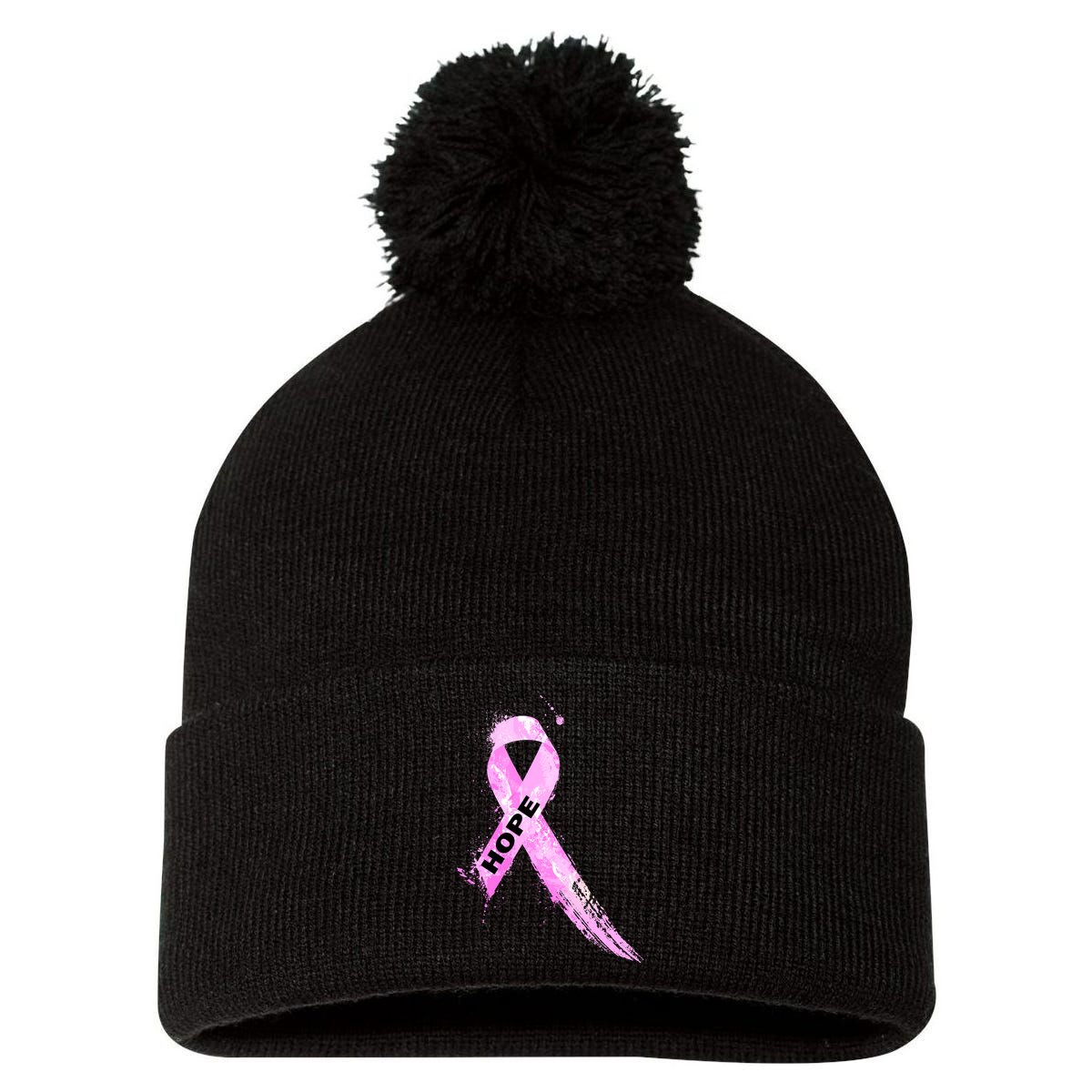 Breast Cancer Hope Ribbon Pom Pom 12in Knit Beanie