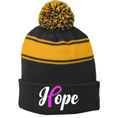 Breast Cancer Hope Ribbon Tribute Logo Stripe Pom Pom Beanie