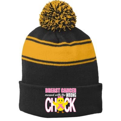 Breast Cancer Messed With The Wrong Chick Stripe Pom Pom Beanie