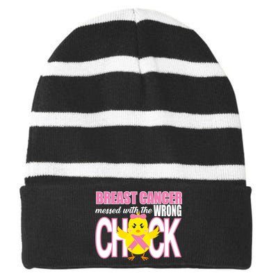 Breast Cancer Messed With The Wrong Chick Striped Beanie with Solid Band