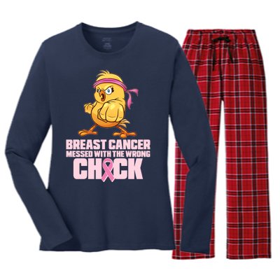 Breast Cancer Messed With The Wrong Chick Funny Women's Long Sleeve Flannel Pajama Set 