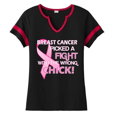 Breast Cancer Picked The Wrong Chick Ladies Halftime Notch Neck Tee