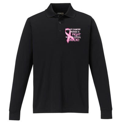 Breast Cancer Picked The Wrong Chick Performance Long Sleeve Polo