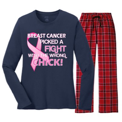 Breast Cancer Picked The Wrong Chick Women's Long Sleeve Flannel Pajama Set 