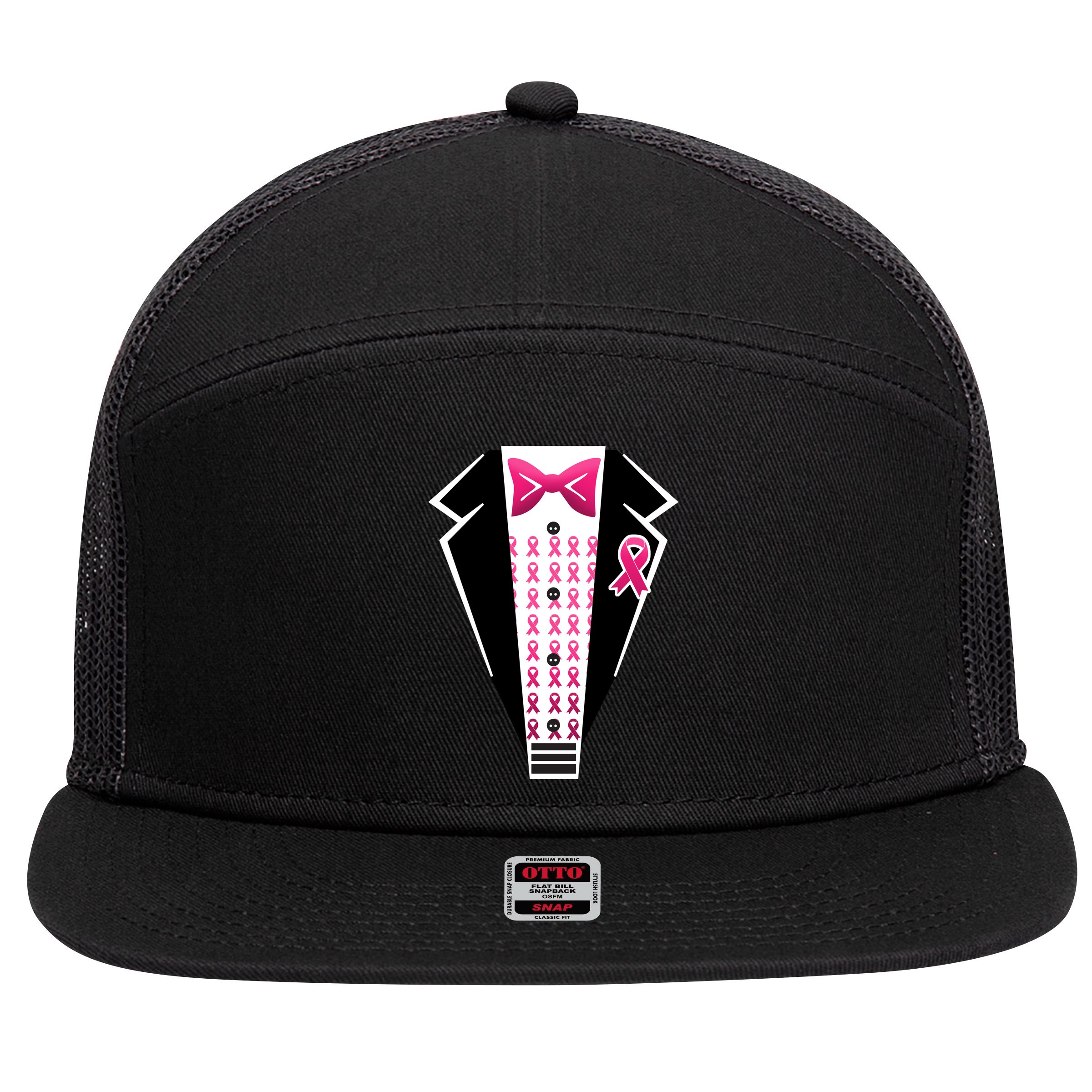 Breast Cancer Ribbon Tuxedo 7 Panel Mesh Trucker Snapback Hat