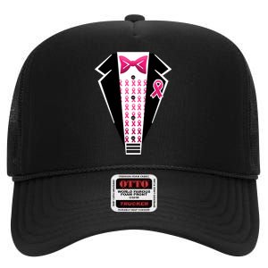 Breast Cancer Ribbon Tuxedo High Crown Mesh Back Trucker Hat