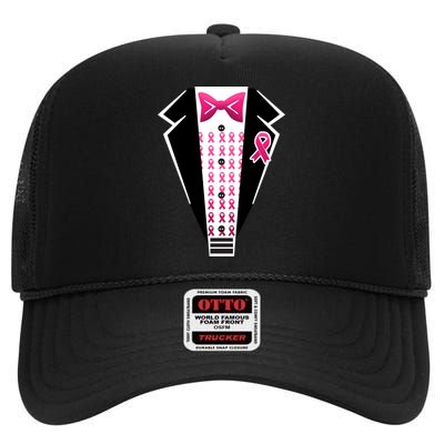 Breast Cancer Ribbon Tuxedo High Crown Mesh Back Trucker Hat