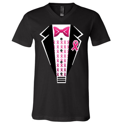 Breast Cancer Ribbon Tuxedo V-Neck T-Shirt