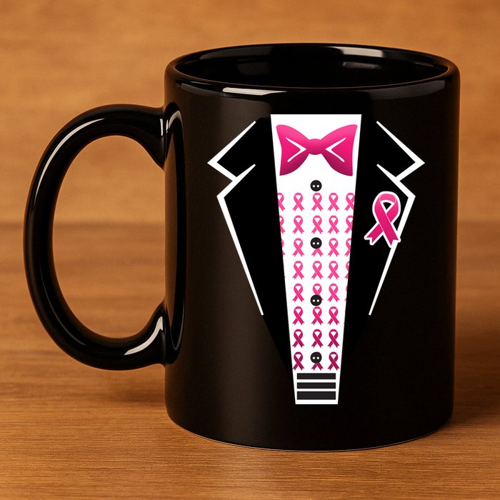 Breast Cancer Ribbon Tuxedo 11oz C Handle Ceramic Mug