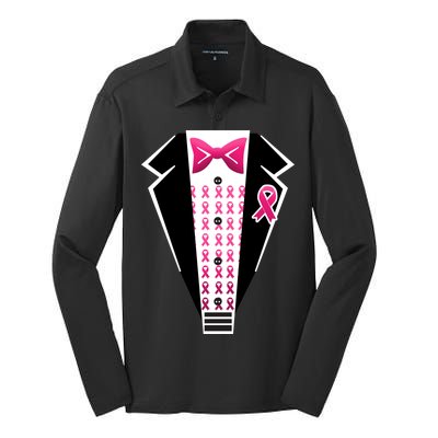 Breast Cancer Ribbon Tuxedo Silk Touch Performance Long Sleeve Polo